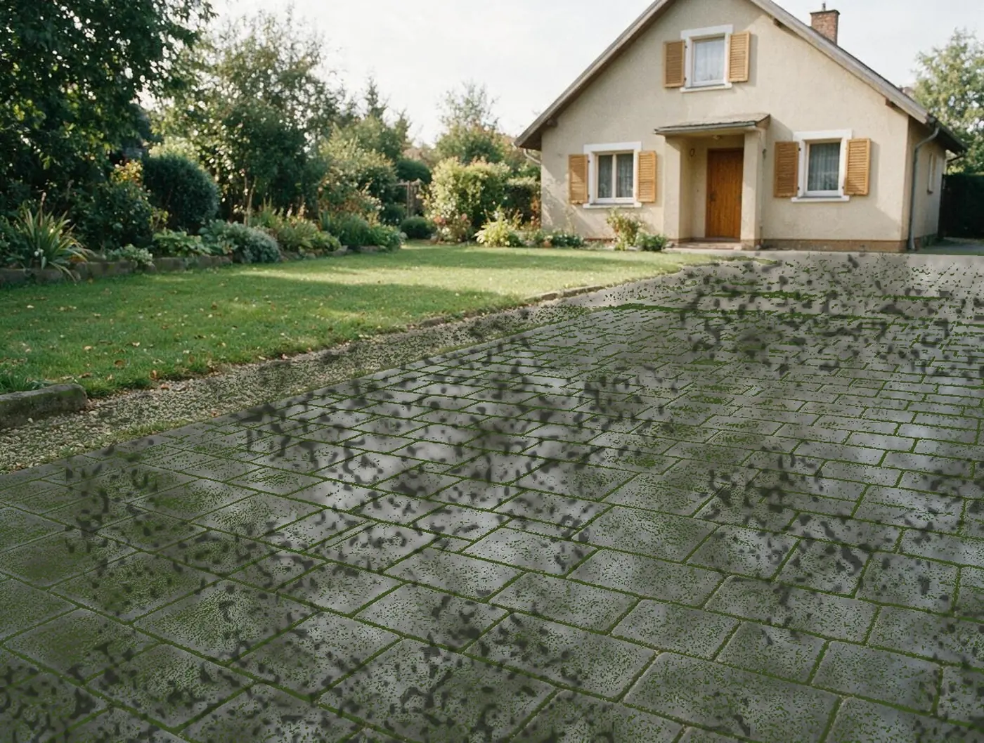 Zabrudzona kostka brukowa z mchem przed myciem